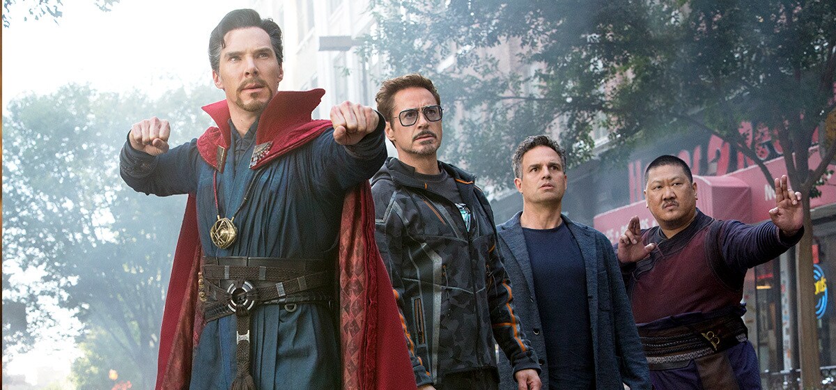 Avengers: Infinity War (2018): Doctor Strange, Tony Stark, Bruce Banner and Wong stand together on a New York street