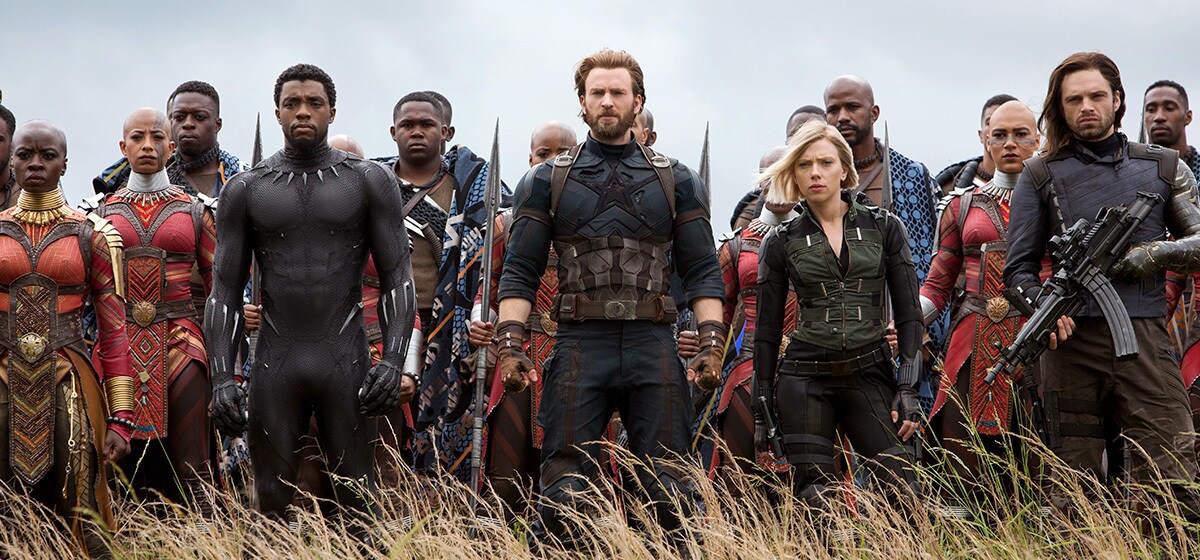 Avengers: Infinity War (2018): Black Panther, Captain America, Black Widow and Bucky stand with Okoye and Wakandan warriors in a grassy field