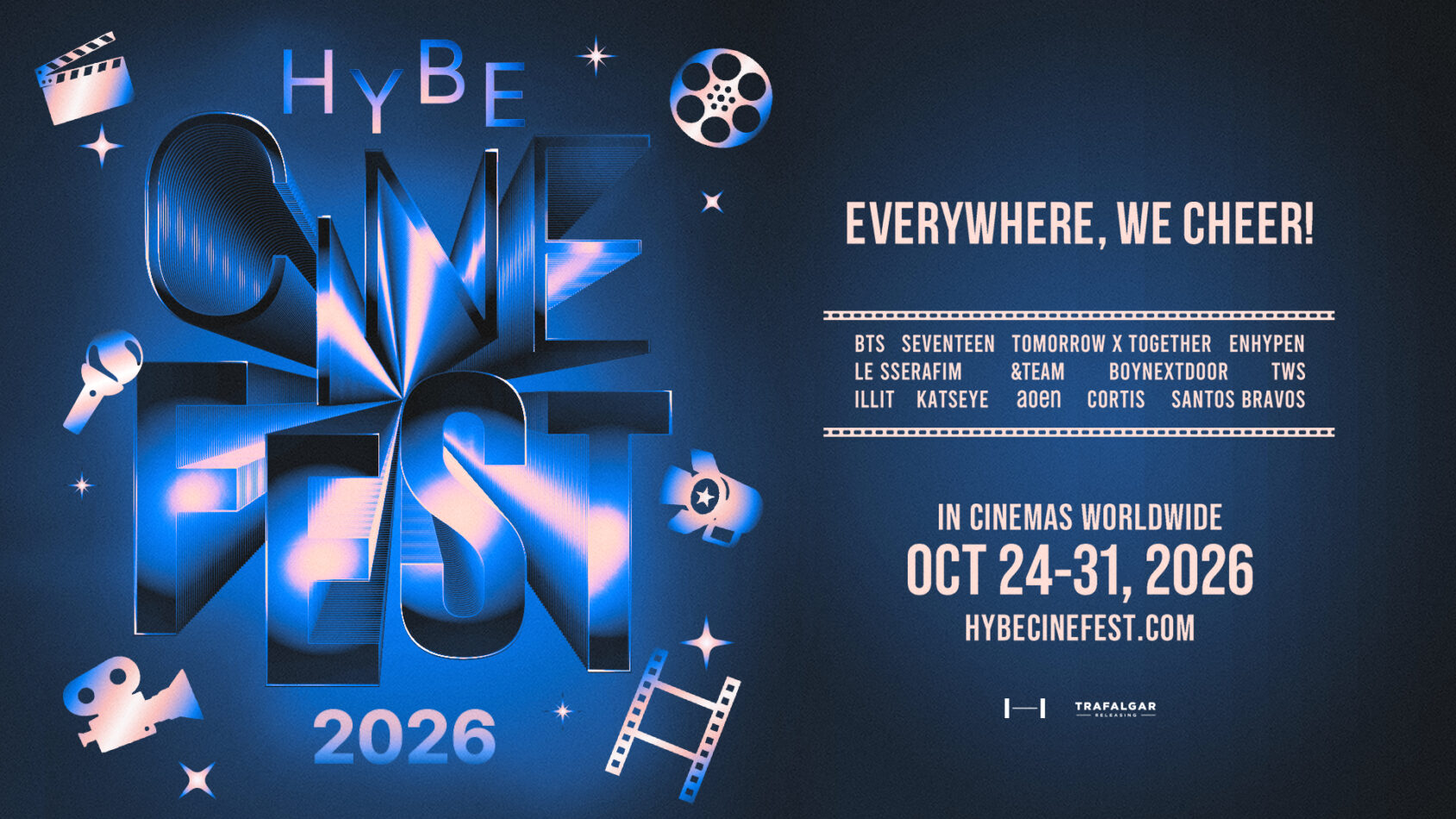 HYBE Cine Fest 2026 — official festival artwork HYBE Cine Fest 2026 promotional artwork with blue metallic festival lettering, film-reel graphics and the October 24–31 dates