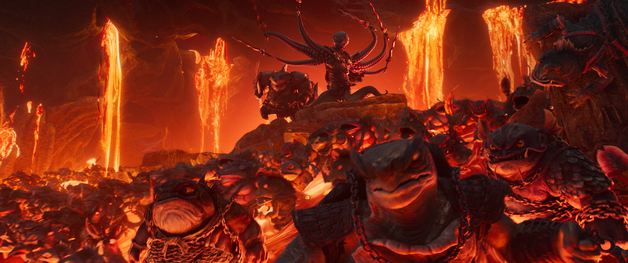Ne Zha 2 (2025): a many-armed figure stands above a crowd of creatures in an orange cavern with vertical streams of lava