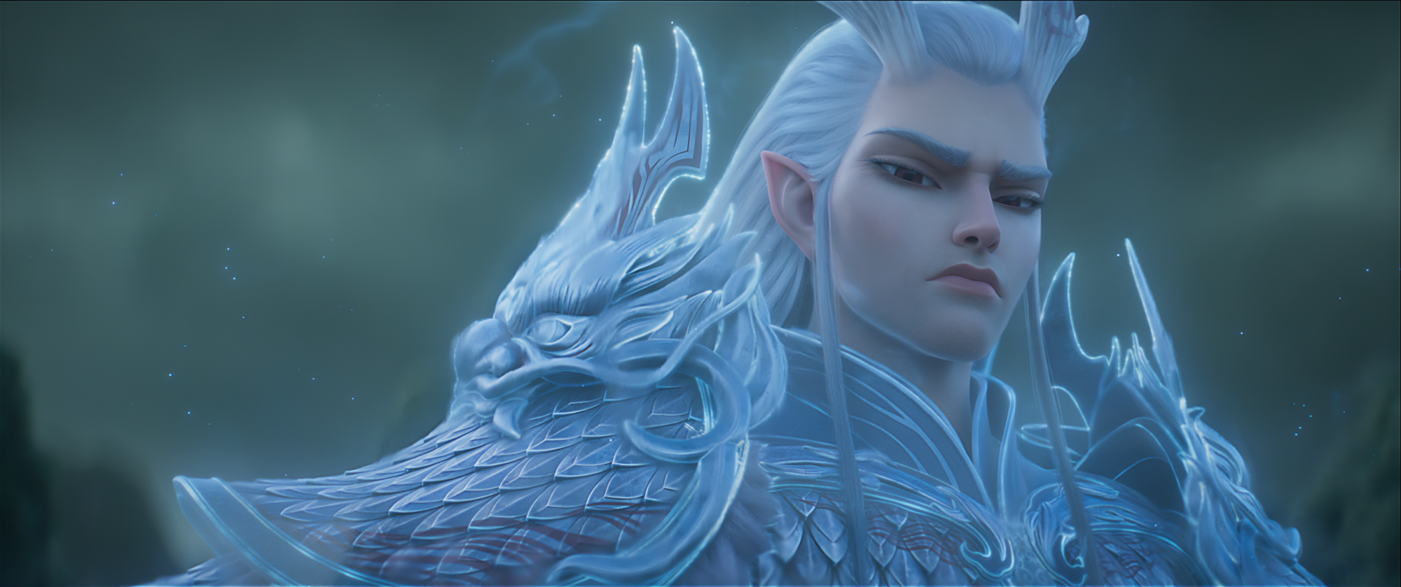 Ne Zha 2 (2025): a white-haired figure wears blue armor with sculpted dragon heads at the shoulders