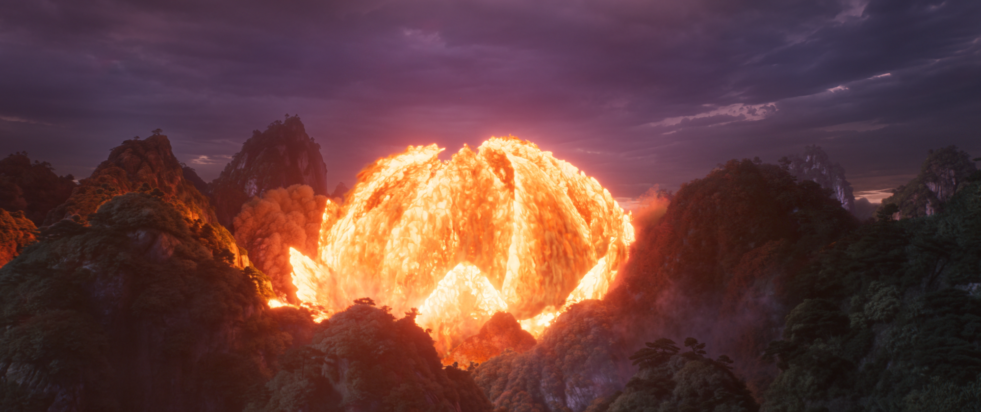 Ne Zha 2 (2025): a brilliant orange dome of fire rises among dark rocky peaks beneath a purple sky