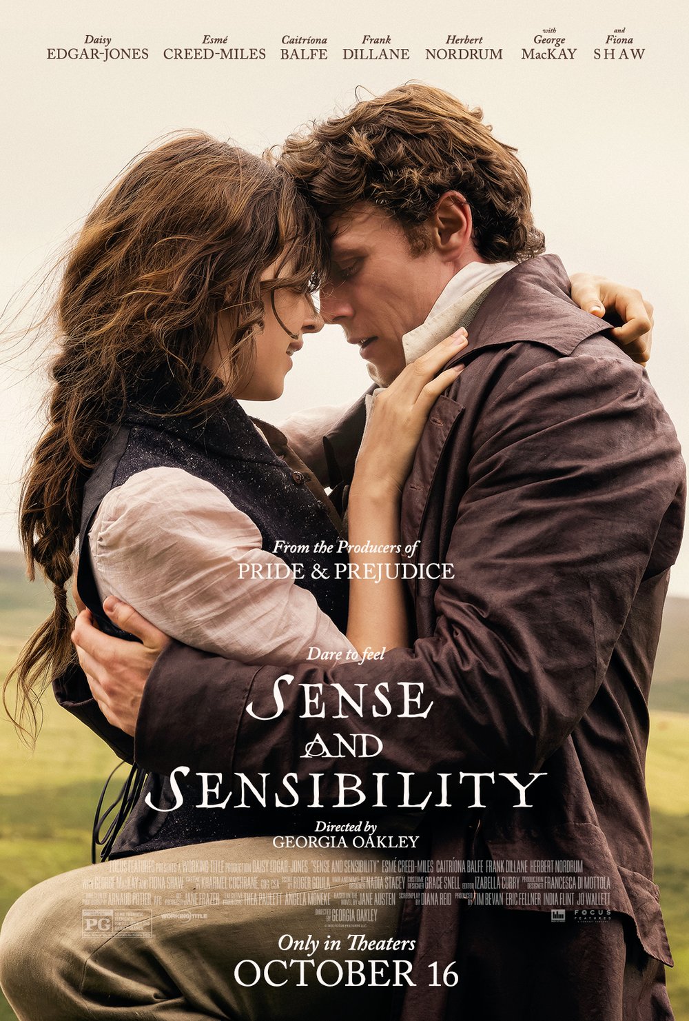 Sense and Sensibility (2026) — official US romantic poster Sense and Sensibility (2026) US poster: Daisy Edgar-Jones and George MacKay embrace with their foreheads touching above the film title and October 16 release date